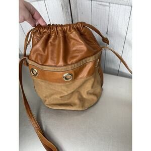 Vintage Uruguay Tan Leather Suede Drawstring Bucket Bag Brown Tan Silver Rivets